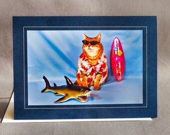 Surfer Cat Card-Sporty Cat in Hawaiian Shirt-All Occasion Greeting Card for Cat Lovers