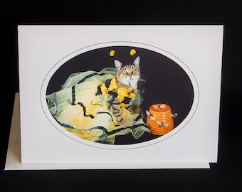 Carte de chat d’abeille-chat habillé en costume d’abeille-carte de vœux pour les amoureux des chats