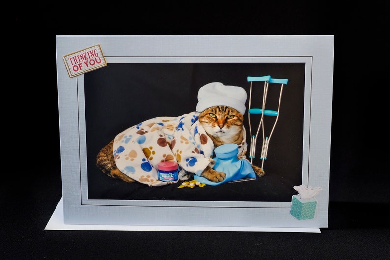 Get Well Cat Card-Cat in Pajamas With Crutches-Greeting Card for Cat Lovers image 2