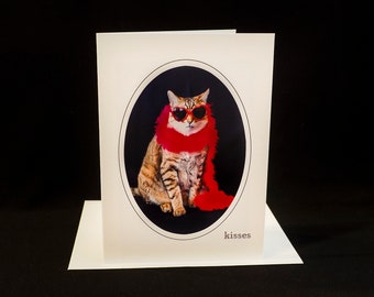 Chat portant une carte de vœux Boa en plumes-toutes les occasions carte vierge pour les amoureux des chats