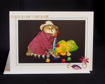Cartão de gato pescador - pesca de gato - cartão comemorativo para todas as ocasiões para amantes de gatos