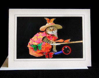 Carte de vœux de chat chasseur de papillons-chat dans Butterfly Net-All Occasion Carte de vœux pour les amoureux des chats