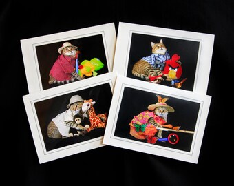 Set of 4 Hobby Cat Cards-Save 55 Cents per Card-Greeting Cards for Cat Lovers
