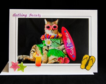 Surfer Cat Card-Cat en bikini-toutes les occasions Carte de vœux pour les amoureux des chats