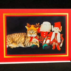 Kerstkatkaart-rendierkat met kerstman-vakantiewenskaart voor kattenliefhebbers