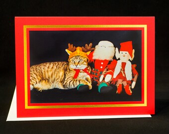 Christmas Cat Card-Reindeer Cat With Santa-Holiday Greeting Card for Cat Lovers