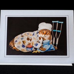 Get Well Cat Card-Cat in Pajamas With Crutches-Greeting Card for Cat Lovers image 1