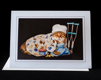 Get Well Cat Card-Cat en pyjama avec béquilles-carte de vœux pour les amoureux des chats