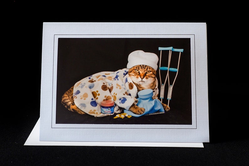 Get Well Cat Card-Cat in Pajamas With Crutches-Greeting Card for Cat Lovers image 1