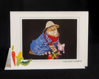 Farmer Cat Card-Cat Wearing Overalls-All Occasion Carte de vœux pour les amoureux des chats