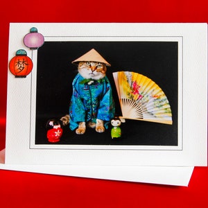 Carte de chat du nouvel an chinois-chat en kimono-carte de voeux de vacances pour les amoureux des chats