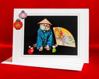 Carte de chat du nouvel an chinois-chat en kimono-carte de voeux de vacances pour les amoureux des chats