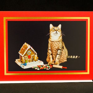 Kerst kat kaart-kat bakken peperkoek huis-vakantie wenskaart voor kattenliefhebbers
