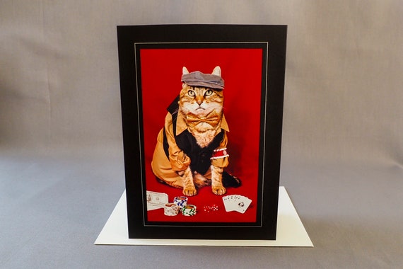 Karten-Dealer-Katzen-Karte-Katze verkleidet als Blackjack-Dealer