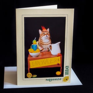 Cat at Lemonade Stand-Summer Cat Card-All Occasion Blank Greeting Card for Cat Lovers