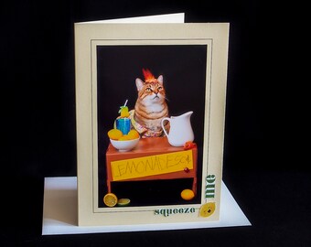Cat at Lemonade Stand-Summer Cat Card-All Occasion Carte de vœux vierge pour les amoureux des chats