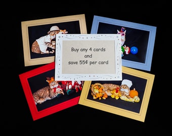 Lot de 4 cartes pour chat ou chien - Économisez 55 cents par carte - Vous choisissez 4 cartes de vœux pour les amoureux des chats et des chiens.