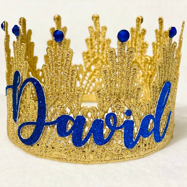 New! King David Gold Lace crown / Gold & blue Lace Crown /  Gold  Crown Newborn / Royal Prince  / Royal Crown Prince / First Birthday Boy /
