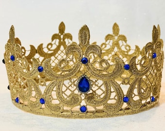 New! King Gold Lace crown / Gold & blue Lace Crown /  Gold  Crown Newborn / Royal Prince  / Royal Crown Prince / First Birthday Boy /