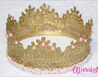 Gold Lace crown / Gold & Pink Lace Crown /  Lace Crown Newborn / Photo Prop / Cake topper / Photography Prop / MADE IN USA.