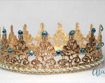 Gold Lace crown / Gold & blue Lace Crown /  Gold Crown Newborn / Royal Prince  / Royal Crown Prince / First Birthday Boy / Boy Baptism