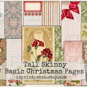 Hohes dünnes Weihnachtsjournal Junk Journal Seiten | Vintage Weihnachts-Digitals| Lange dünne dünne Zeitschrift | Dokumentenstil Tall Journal