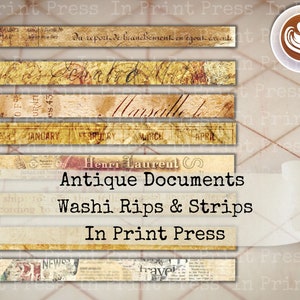 Antique Document Printable Washi Tape Strips | Digital Washi Tape | Vintage Washi Tape Printable | Aged Paper Washi Tape
