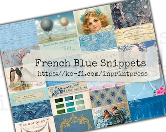 French Blue Collage Streifen Digitales Papier | Antike Junk Journal Schnipsel
