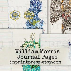 Op de afbeelding: Digitale printbare dagboekpagina's met William Morris bloemenontwerpen in blauw, groen en geel. De pagina's zijn op een gestreepte achtergrond met de tekst "William Morris Journal Pages inprintpress.etsy.com".