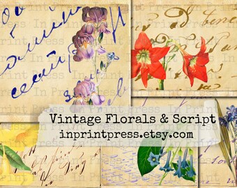 Digital utskrivbar skräpjournal med botaniska mönster | Vintage blommigt manus med botaniska skräpjournalsida, utskrivbar skräpjournal | Digi-kit för skräpjournal