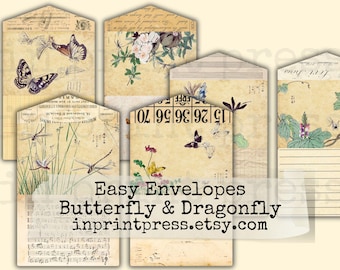 Butterfly and Dragonfly  Easy Junk Journal Envelopes | Vintage Printable Envelope Digital Download for Hidden Journaling & Paper Crafts