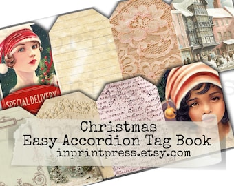 Vintage Weihnachten Tag Buch: Akkordeon Junk Journal Printable (Digitaler Download)