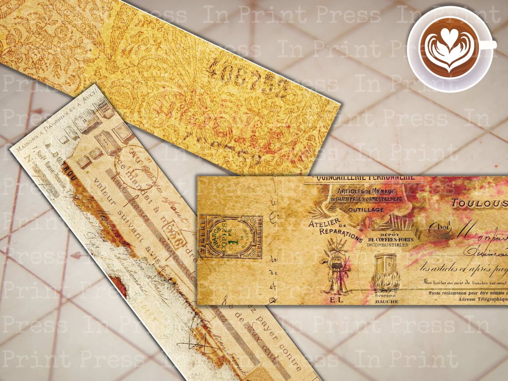 Antique Document Printable Washi Tape Strips | Digital Washi Tape ...