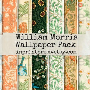 May include: A digital collage of 8 different William Morris wallpaper patterns. The patterns feature floral designs, leaves, and birds in various colors, including blue, green, orange, and white. The text "William Morris Wallpaper Pack" and "inprintpress.etsy.com" is displayed on a white banner.