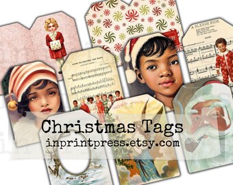 May include: Set of ten printable Christmas gift tags featuring illustrations of children, a Santa Claus, and a musical note design. The tags are decorated with a variety of colors, including red, green, blue, and white. The text "Christmas Tags" and "inprintpress.etsy.com" is printed on the tags.