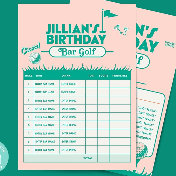 Golf Bar Crawl Score Card, Pub Golf template, Adult Editable Birthday Golf Game, Golf Birthday digital file, Birthday Bar Crawl, Golf score