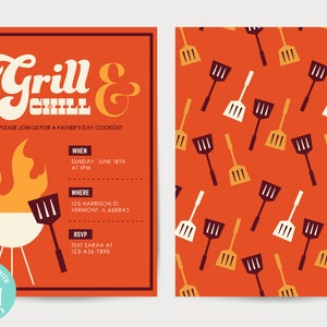 May include: A Father's Day cookout invitation with a red background and a grill with flames. The text says "Grill & Chill" and includes details about the event, including the date, time, location, and RSVP information.