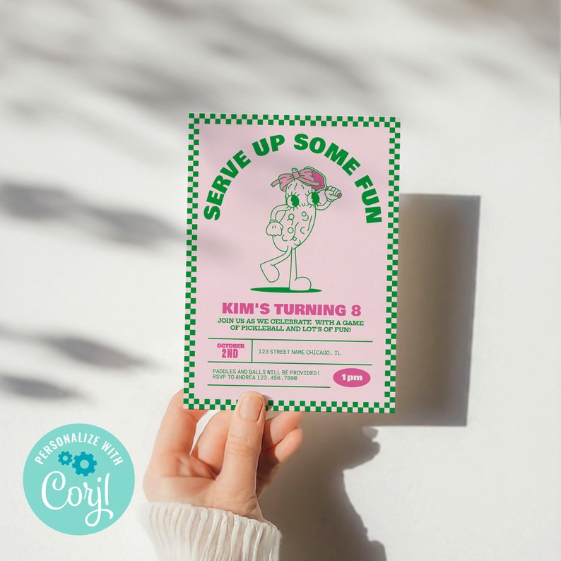 pickleball birthday invitation, kids pickleball invite, girls pickleball invitation pink green