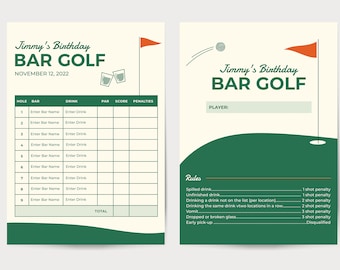 Bargolfscorekaart, pubgolfsjabloon, bewerkbare verjaardagsgolfspel voor volwassenen, digitaal bestand golfverjaardag, verjaardag kroegentocht, golfscorekaart