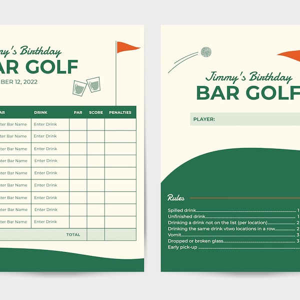 Bar golf scorecard, Pub Golf template, Adult Editable Birthday Golf Game, Golf Birthday digital file, Birthday Bar Crawl, Golf score card