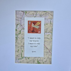 Ich will aufs Fahrrad - A4 Passepartout Collage - Landkarte, Stempel und Spruch