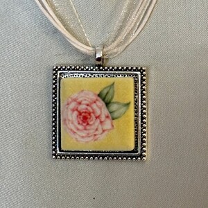 Ceramic Tile Pink Rose on White Organza Ribbon Necklace