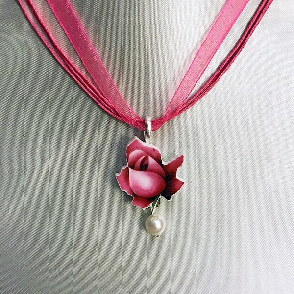 Broken China Small Wild Rose Pendant Necklace from Staffordshire Plate