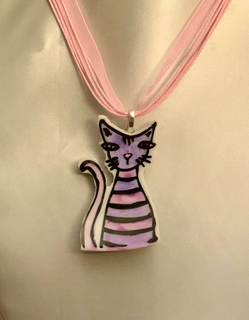Broken China Pink and Purple Striped Kitty Pendant Needing to Be Adopted