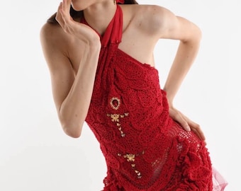 Handmade Red Crochet Dress: Vintage Jewelry Embellished, S/M