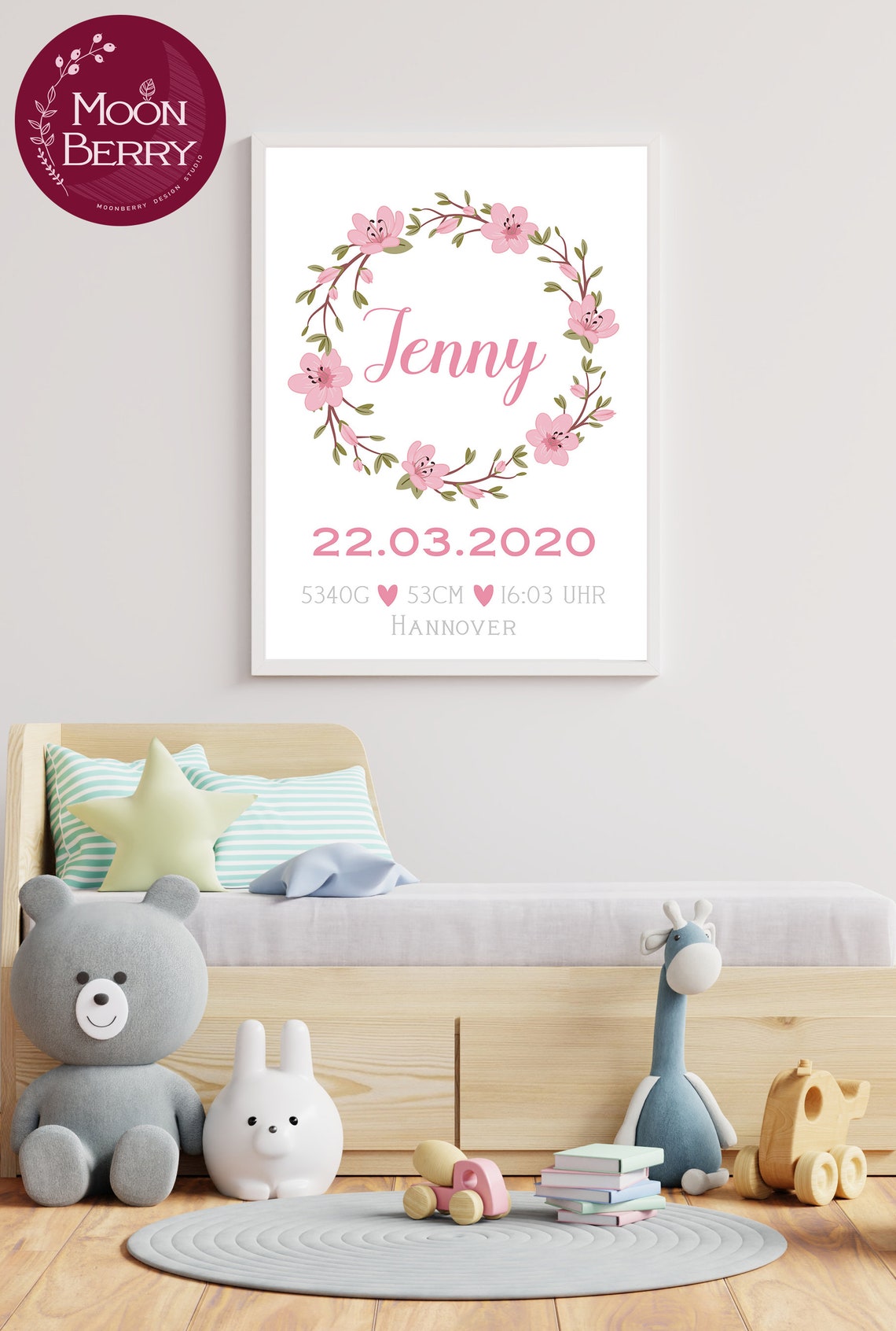 SpecialMe Baby Poster Personalisiert - Geburtsposter Mit Teddybär & Heißluftballon