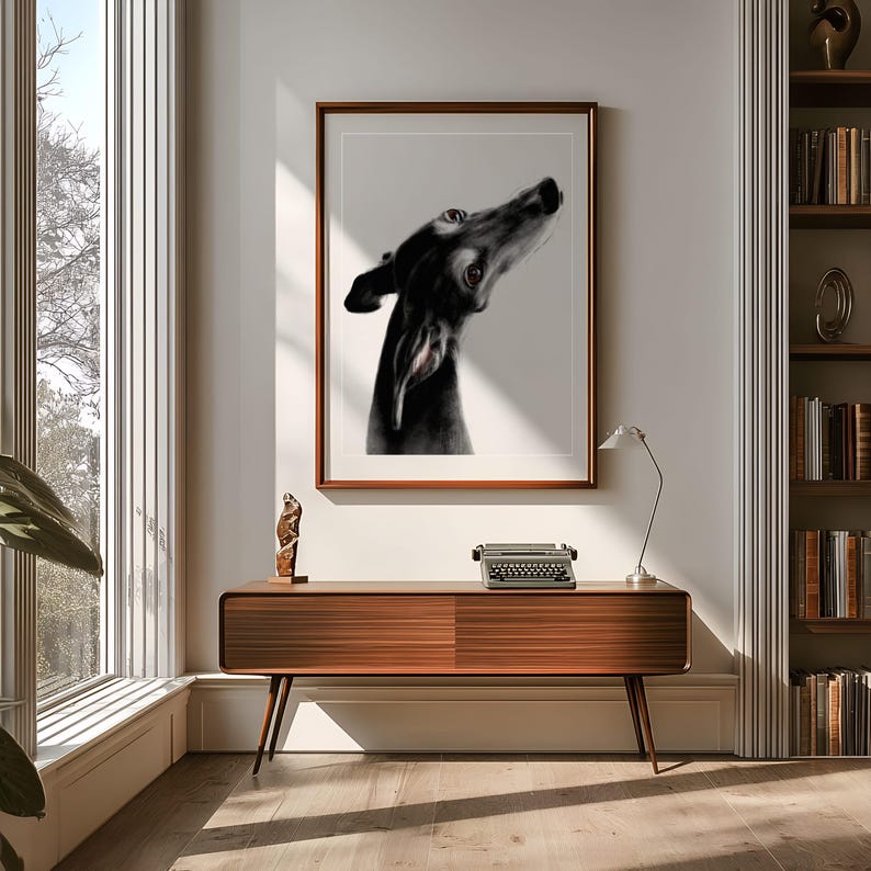 A moving fine art portrait of the artist’s rescue Galgo, Trijn, titled 'Always There.' This piece captures the profound devotion of a sighthound, with her head tilted upward in a gaze of pure loyalty. The painting emphasizes her noble, elongated features and the soulful depth of her amber eyes, reflecting the deep bond formed after a journey of rescue and 'thawing