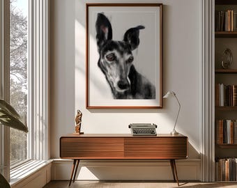 tryck av svart greyhound, Galgo, svart galgo, greyhoundkonst, Galgo Espanol, galgokonst, gåva svart greyhoundälskare, svart greyhoundtryck