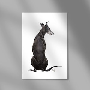 Stampa levriero, arte levriero, Galgo, arte galgo, arte levriero nero, amante del levriero nero, regalo amante del levriero, levriero nero seduto
