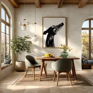 Add a touch of refined character to your modern dining space with this elegant sighthound print. The striking contrast and soulful eyes of the black Galgo complement both contemporary and classic interiors, making it a heartwarming conversation piece for guests and dog lovers alike